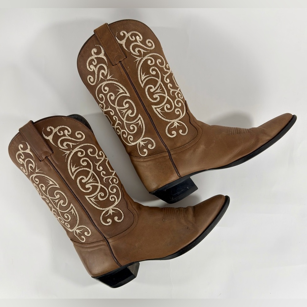 Vintage Tony Lama Brown Leather Cowboy Boots 7.5 B Cream Embroidered Western